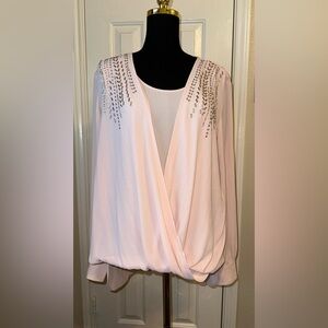 Cache Blouse XL Pink Silver Beaded NWT Crossover Long Sleeve Bubble Hem